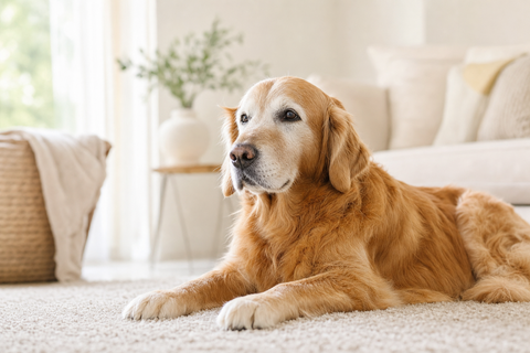 A dignified senior golden retriever with a greying muzzle lying calmly in a warm home setting, illustrating peaceful mobility and comfort for older dogs