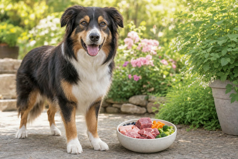 Happy healthy dog standing next to a bowl of fresh raw dog food in a garden