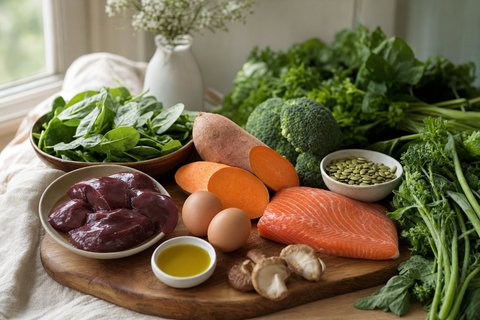 A variety of whole foods including liver, fish and vegetables representing essential vitamins for a dog's diet