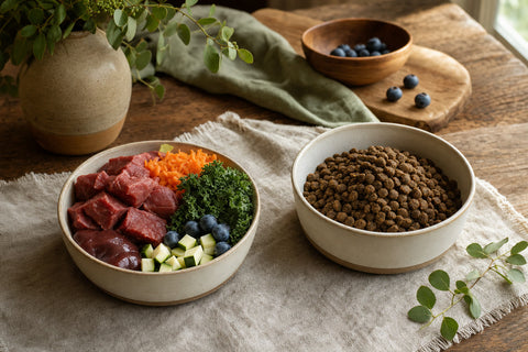 Side-by-side comparison of fresh raw dog food and dry kibble in bowls