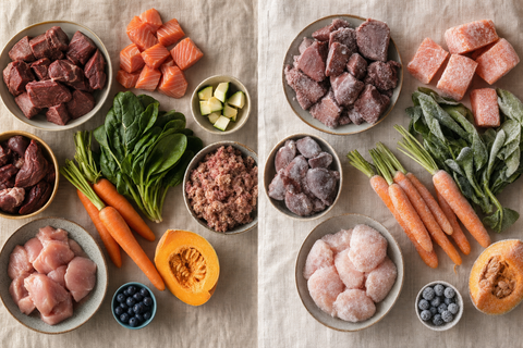 Side-by-side fresh and frozen raw dog food packs, comparing storage options for raw feeding
