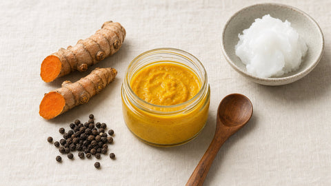 Jar of golden paste with turmeric roots black peppercorns and coconut oil for dogs