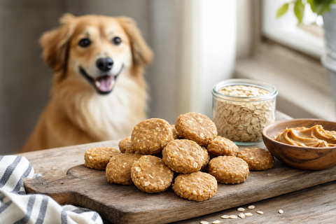 Homemade oat and peanut butter dog treats on a wooden board with a dog waiting in the background