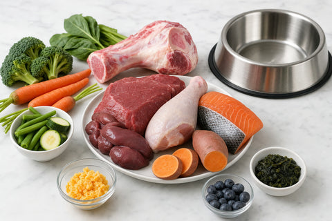Fresh raw dog food ingredients including meat, bone and vegetables arranged next to a clean stainless steel dog bowl
