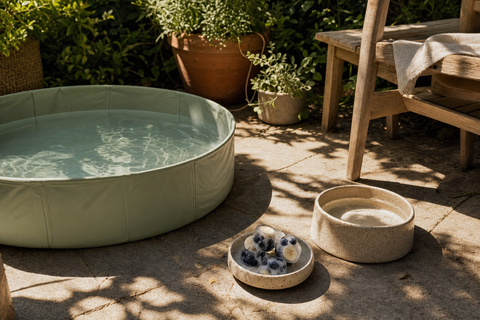 Dog cooling off in a kiddie pool in the backyard during an Australian summer