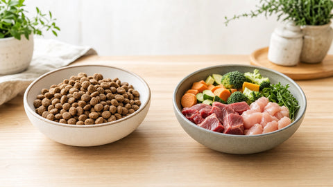 Bowl of dry kibble beside a bowl of fresh raw dog food with meat and vegetables
