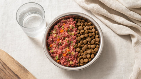 Dog bowl split half raw K9 Raw and half kibble beside a water glass showing the moisture difference between raw and dry dog food
