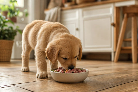 Golden retriever puppy eating fresh raw dog food from a bowl in a bright kitchen