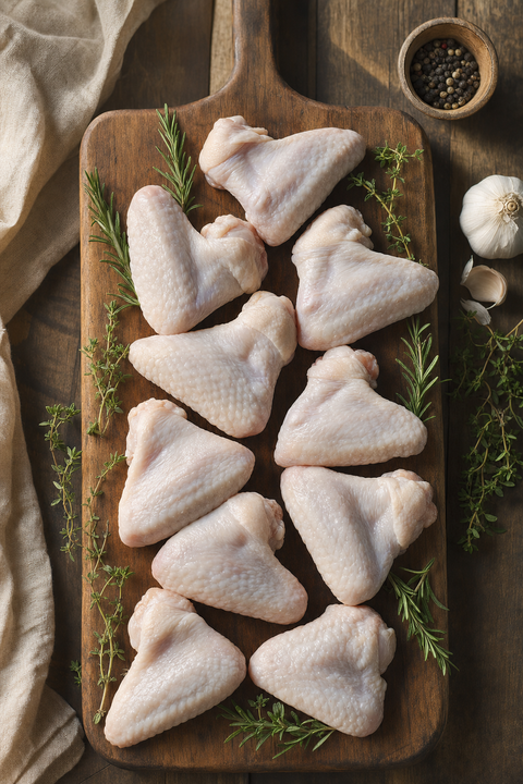 Raw chicken wings on a plate for dogs, a natural chew supporting dental and coat health