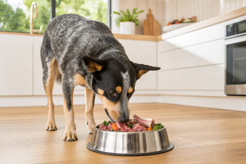 First-time raw feeder pouring fresh ardam raw dog food into a bowl in a Sydney kitchen