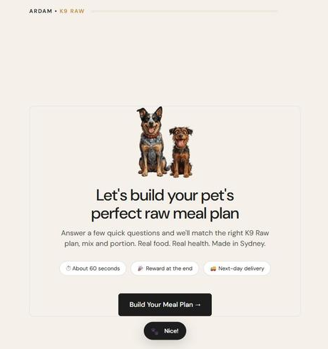 The ardam Meal Planner landing screen with two dogs and a Build Your Meal Plan call to action