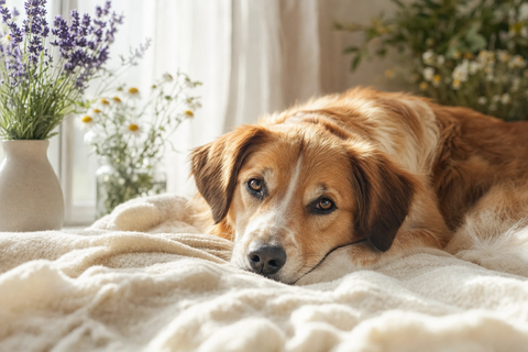 Calm relaxed dog resting on a soft blanket near lavender and chamomile, natural calming scents for dogs