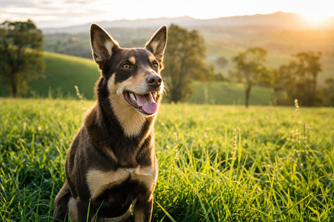 Happy Australian working dog in a green paddock at golden hour, sustainable raw dog food sourcing