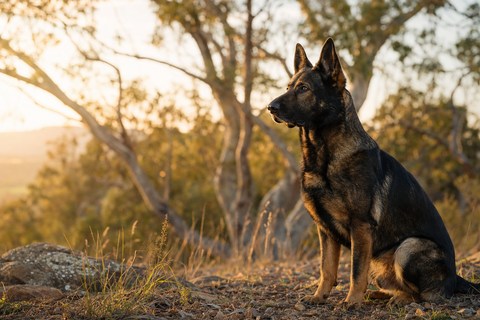 Dignified working dog sitting in golden light in an Australian native landscape, ANZAC tribute