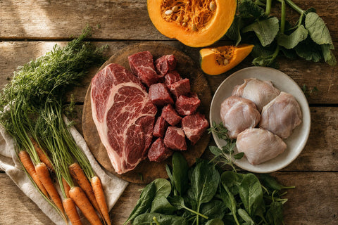 Raw beef and chicken with carrots, pumpkin and spinach on a wooden farm table, ideal ingredients for a raw dog food kelpie diet