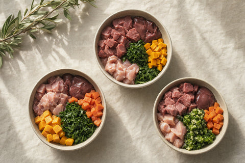 Three bowls of fresh raw dog food with meat, organ and vegetables, comparing raw dog food brands