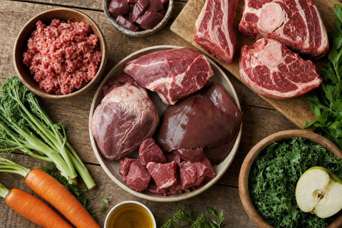 Raw beef muscle meat, liver and heart on a wooden board, ideal protein sources for a Staffy raw dog food diet