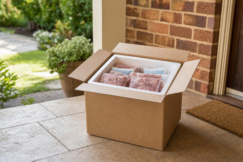 Insulated raw dog food delivery box with ice packs on a Sydney front porch, ardam fresh delivery